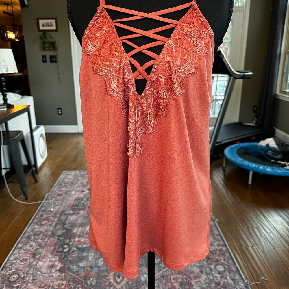 Coral Pink Lace Trimmed Cami Top - Small